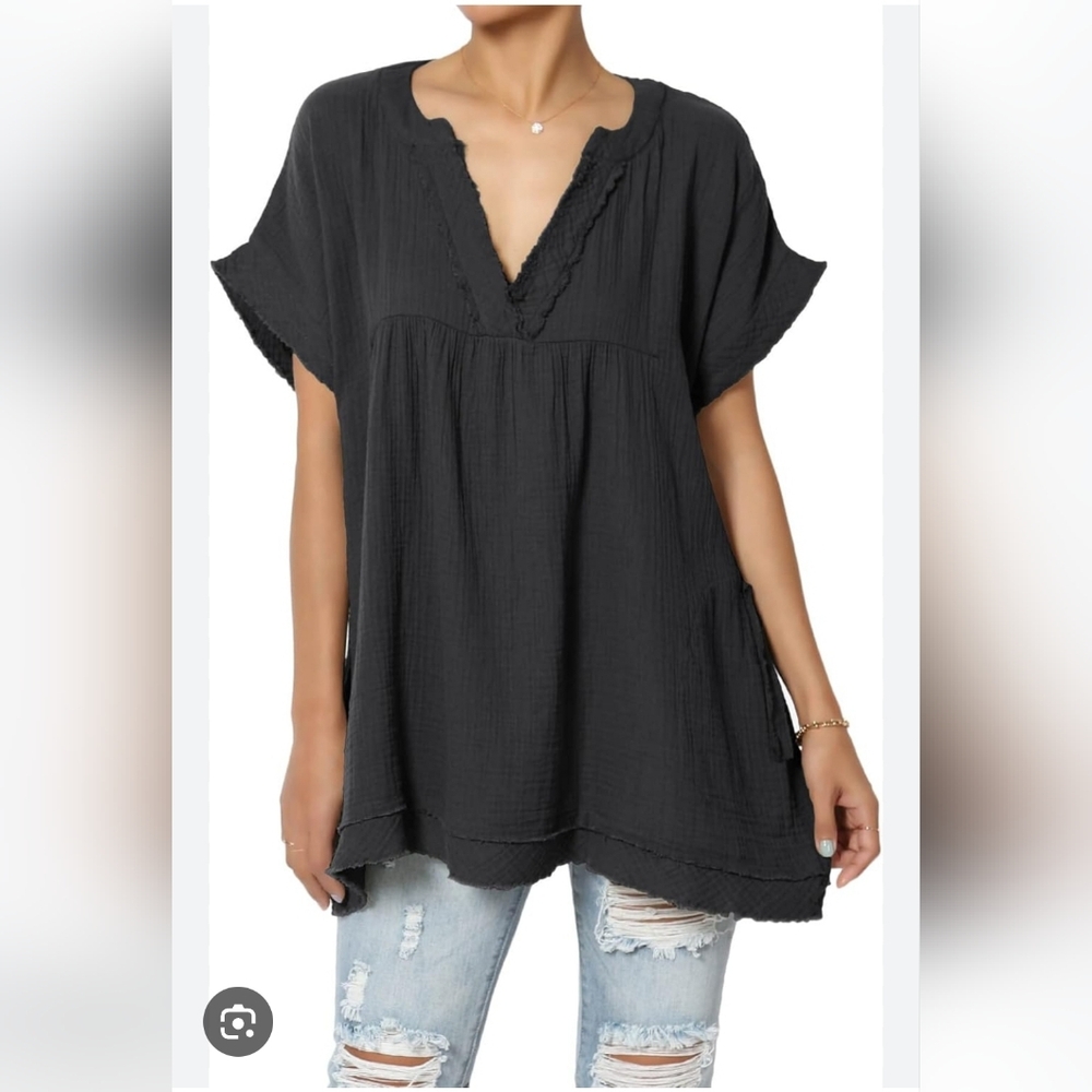 Gauze V-Neck Babydoll Shirt Tunic